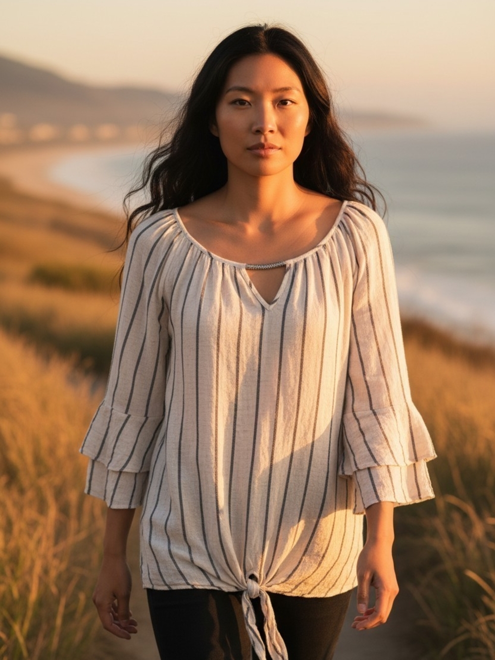 AGB Womens L Cream & Black Striped Tie-Front Tunic Rayon/Linen Cottage Core